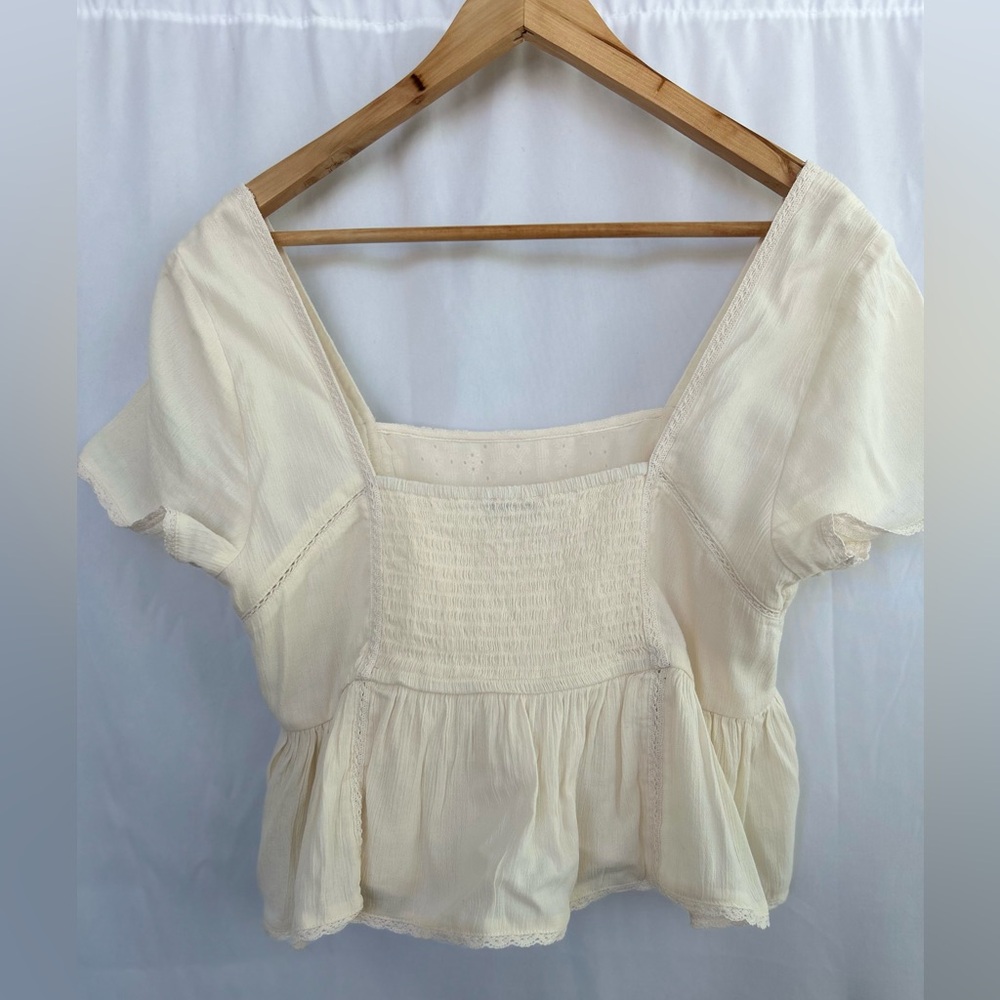 American Eagle Cropped Boho Eyelet Ruffle Top Women's Medium Cream Beach Summer - Picture 7 of 14